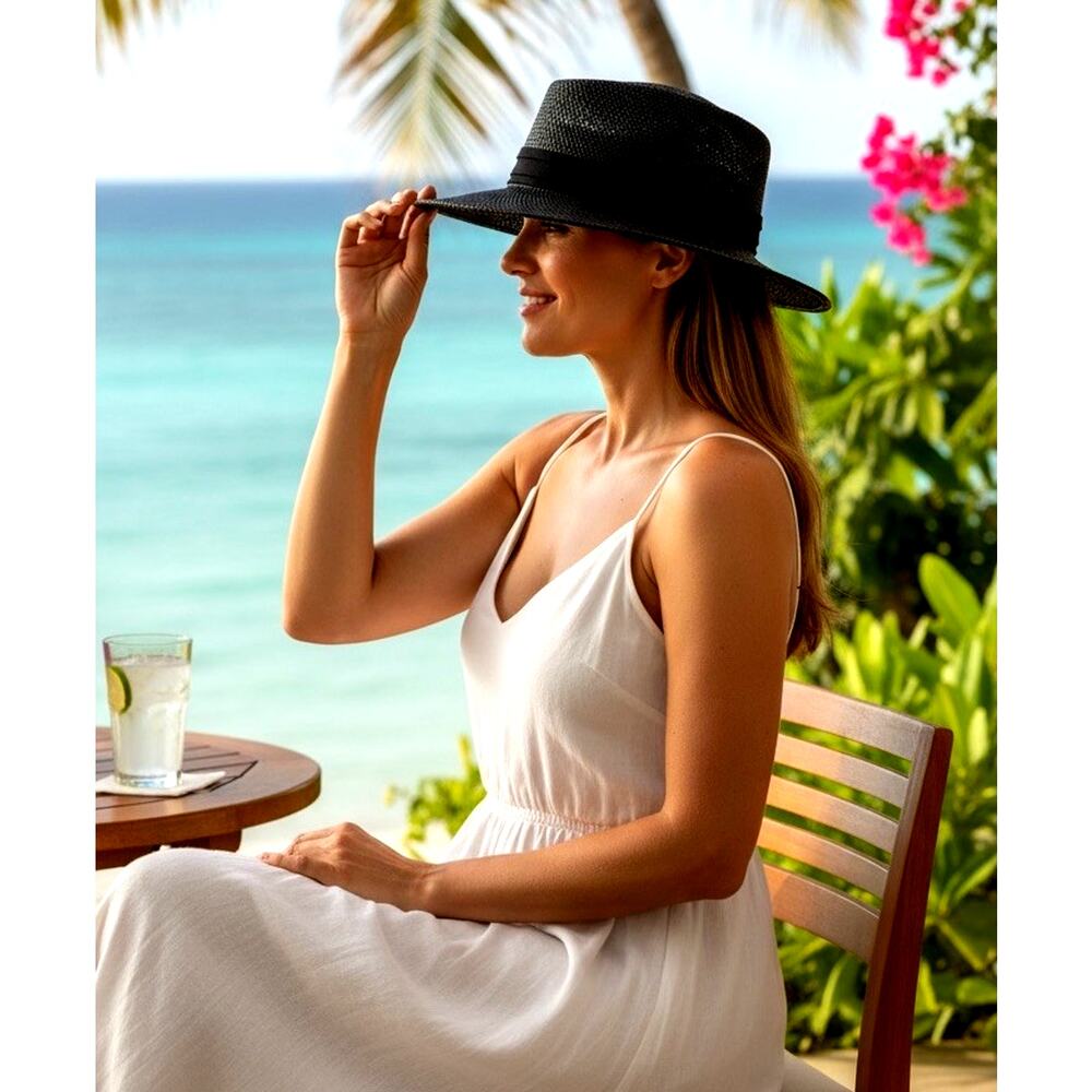 Women's Black Woven Straw Sun Hat Boater Fedora Panama Wide Brim Beach Vintage